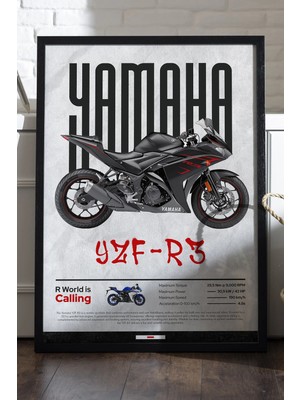 Duvarda Yamaha Yzf-R3 Siyah Ahşap Çerçeveli Poster, Dekoratif Motosiklet Duvar Tablosu