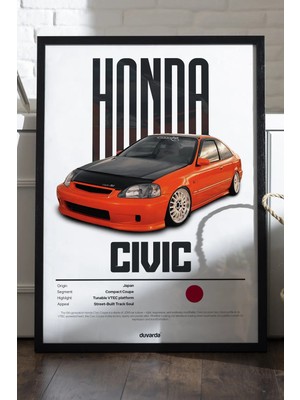Duvarda Honda Civic Araba Siyah Ahşap Çerçeveli Poster, Dekoratif Duvar Tablosu