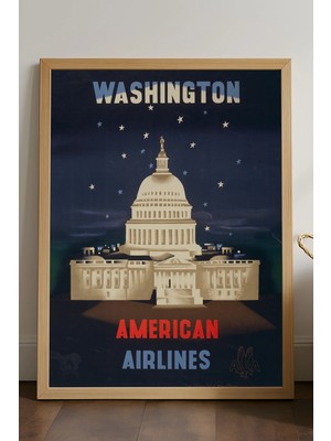 Duvarda Washington Doğal Ahşap Çerçeveli Poster, Dekoratif Seyahat Duvar Tablosu