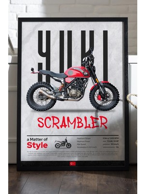 Duvarda Yuki Scrambler Siyah Ahşap Çerçeveli Poster, Dekoratif Motosiklet Duvar Tablosu