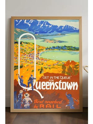 Duvarda Queenstown Doğal Ahşap Çerçeveli Poster, Dekoratif Seyahat Duvar Tablosu