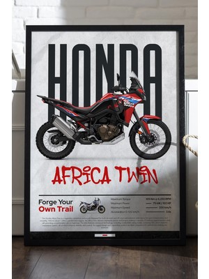 Duvarda Honda Africa Twin Siyah Ahşap Çerçeveli Poster, Dekoratif Motosiklet Duvar Tablosu