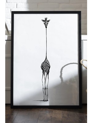 Duvarda Giraffe Siyah Ahşap Çerçeveli Poster, Dekoratif Soyut Monokrom Duvar Tablosu