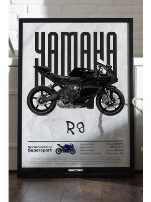 Duvarda Yamaha R9 Siyah Ahşap Çerçeveli Poster, Dekoratif Motosiklet Duvar Tablosu