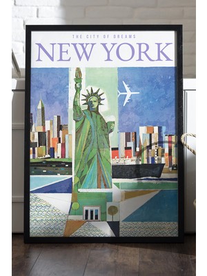 Duvarda New York Siyah Ahşap Çerçeveli Poster, Dekoratif Seyahat Duvar Tablosu