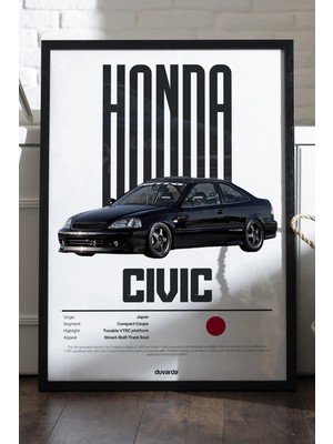Duvarda Honda Civic Araba Siyah Ahşap Çerçeveli Poster, Dekoratif Duvar Tablosu