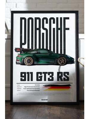 Duvarda Porsche 911 Gt3 Rs Araba Siyah Ahşap Çerçeveli Poster, Dekoratif Duvar Tablosu