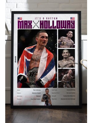 Duvarda Max Holloway Ufc Siyah Ahşap Çerçeveli Poster, Dekoratif Dövüş Duvar Tablosu