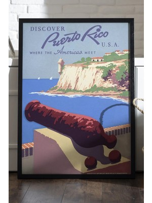 Duvarda Puerto Rico Siyah Ahşap Çerçeveli Poster, Dekoratif Seyahat Duvar Tablosu