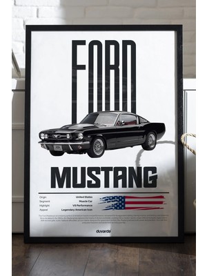 Duvarda Ford Mustang Araba Siyah Ahşap Çerçeveli Poster, Dekoratif Duvar Tablosu