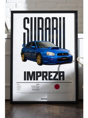 Duvarda Subaru Impreza Araba Siyah Ahşap Çerçeveli Poster, Dekoratif Duvar Tablosu