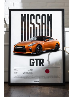 Duvarda Nissan Gtr Araba Siyah Ahşap Çerçeveli Poster, Dekoratif Duvar Tablosu