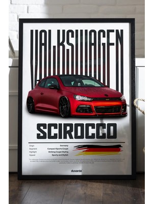 Duvarda Valkswagen Scirocco Araba Siyah Ahşap Çerçeveli Poster, Dekoratif Duvar Tablosu