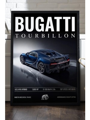 Duvarda Bugatti Tourbillon Siyah Ahşap Çerçeveli Poster, Dekoratif Araba Duvar Tablosu