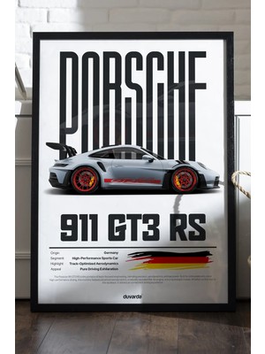 Duvarda Porsche 911 Gt3 Rs Araba Siyah Ahşap Çerçeveli Poster, Dekoratif Duvar Tablosu