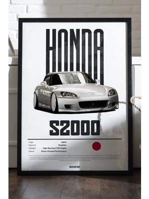Duvarda Honda S2000 Araba Siyah Ahşap Çerçeveli Poster, Dekoratif Duvar Tablosu