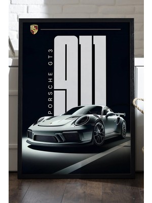 Duvarda Porsche 911 Siyah Ahşap Çerçeveli Poster, Dekoratif Araba Duvar Tablosu