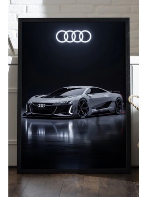 Duvarda Audi R8 Siyah Ahşap Çerçeveli Poster, Dekoratif Araba Duvar Tablosu