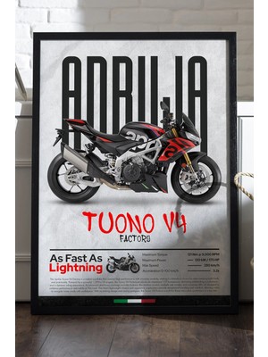 Duvarda Aprilia Tuono V4 Factory Siyah Ahşap Çerçeveli Poster, Dekoratif Motosiklet Duvar Tablosu
