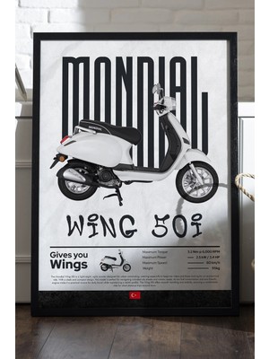 Duvarda Mondial Wing 50I Siyah Ahşap Çerçeveli Poster, Dekoratif Motosiklet Duvar Tablosu