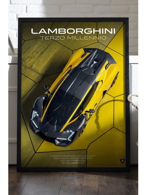 Duvarda Lamborghini Terzo Millennio Siyah Ahşap Çerçeveli Poster, Dekoratif Araba Duvar Tablosu