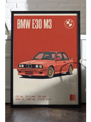 Duvarda Bmw E30 M3 Siyah Ahşap Çerçeveli Poster, Dekoratif Araba Duvar Tablosu