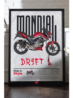 Duvarda Mondial Drift L Siyah Ahşap Çerçeveli Poster, Dekoratif Motosiklet Duvar Tablosu