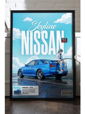 Duvarda Skyline Nissan Siyah Ahşap Çerçeveli Poster, Dekoratif Araba Duvar Tablosu