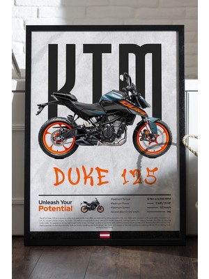 Duvarda Ktm Duke 125 Siyah Ahşap Çerçeveli Poster, Dekoratif Motosiklet Duvar Tablosu