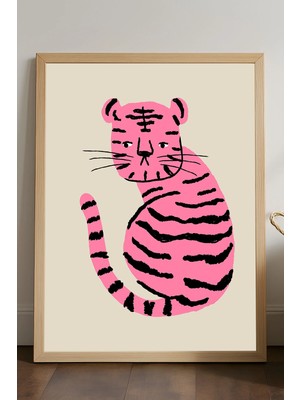 Duvarda Pembe Leopar Ahşap Çerçeveli Poster, Dekoratif Hayvan Duvar Tablosu