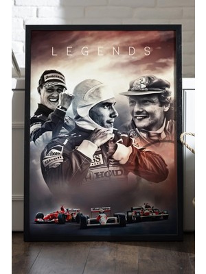 Duvarda Formula 1 Efsaneler Siyah Ahşap Çerçeveli Poster, Dekoratif Araba Duvar Tablosu