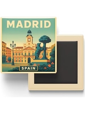 NY Home Madrid Ispanya - Puerta Del Sol (Güneş Kapısı) - Baskılı Buzdolap Magneti Kare 9x9 cm