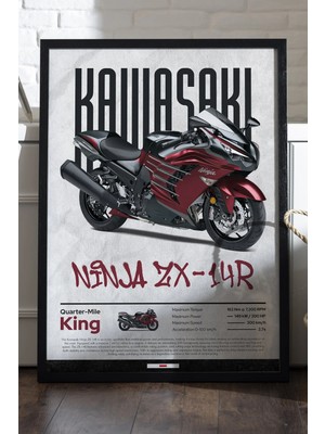 Duvarda Kawasaki Ninja Zx-14 R Siyah Ahşap Çerçeveli Poster, Dekoratif Motosiklet Duvar Tablosu