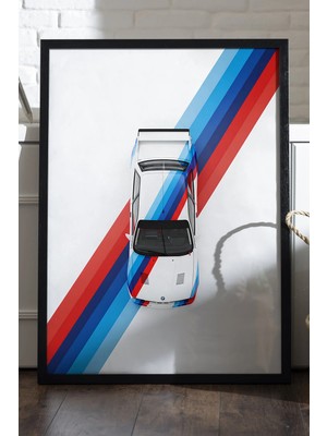 Duvarda Bmw E30 Siyah Ahşap Çerçeveli Poster, Dekoratif Araba Duvar Tablosu