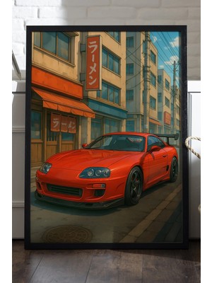 Duvarda Toyota Supra Siyah Ahşap Çerçeveli Poster, Dekoratif Araba Duvar Tablosu