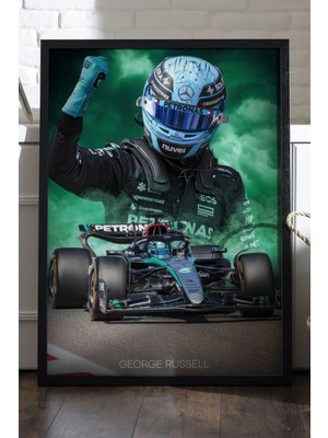 Duvarda George Russell Siyah Ahşap Çerçeveli Poster, Dekoratif Formula 1 Duvar Tablosu