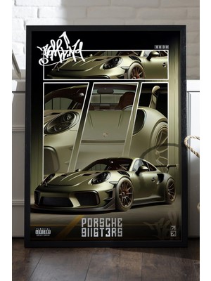 Duvarda Porsche 911 Gt3 Rs Siyah Ahşap Çerçeveli Poster, Dekoratif Araba Duvar Tablosu