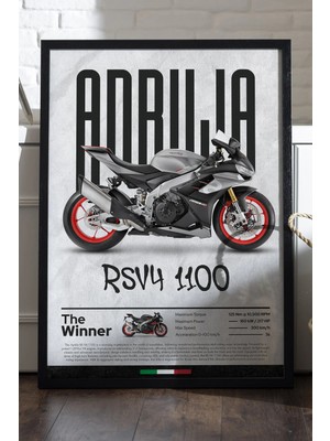 Duvarda Aprilia Rs V4 1100 Siyah Ahşap Çerçeveli Poster, Dekoratif Motosiklet Duvar Tablosu