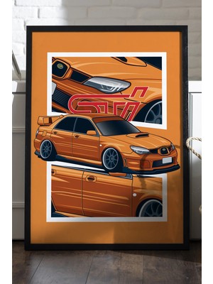 Duvarda Subaru Wrx Stı Siyah Ahşap Çerçeveli Poster, Dekoratif Araba Duvar Tablosu