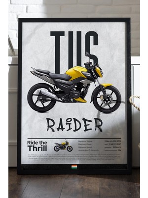 Duvarda Tvs Raider Siyah Ahşap Çerçeveli Poster, Dekoratif Motosiklet Duvar Tablosu