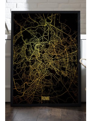 Duvarda Rome Şehir Haritası Siyah Ahşap Çerçeveli Poster, Dekoratif Harita Duvar Tablosu