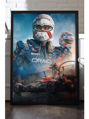 Duvarda Max Verstappen Formula 1 Siyah Ahşap Çerçeveli Poster, Dekoratif Araba Duvar Tablosu