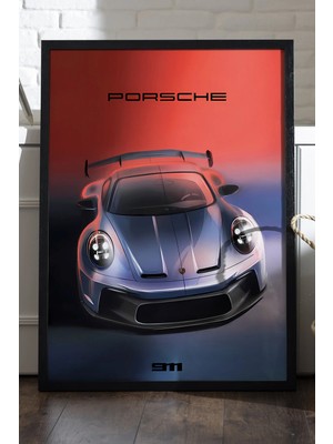 Duvarda Porsche 992 Gt3 Siyah Ahşap Çerçeveli Poster, Dekoratif Araba Duvar Tablosu