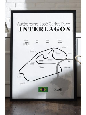 Duvarda Interlagos Formula 1 Siyah Ahşap Çerçeveli Poster, Dekoratif Harita Duvar Tablosu