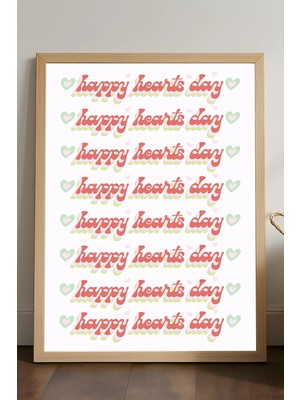 Duvarda Happy Hearts Day Ahşap Çerçeveli Poster, Dekoratif Pozitif Duvar Tablosu