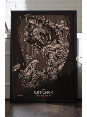 Duvarda The Witcher Siyah Ahşap Çerçeveli Poster, Dekoratif Oyun Duvar Tablosu