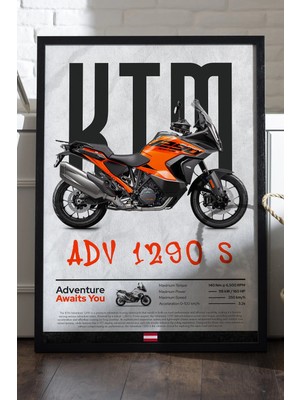 Duvarda Ktm Adv 1290 Siyah Ahşap Çerçeveli Poster, Dekoratif Motosiklet Duvar Tablosu