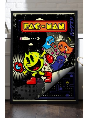 Duvarda Pac-Man Siyah Ahşap Çerçeveli Poster, Dekoratif Oyun Duvar Tablosu