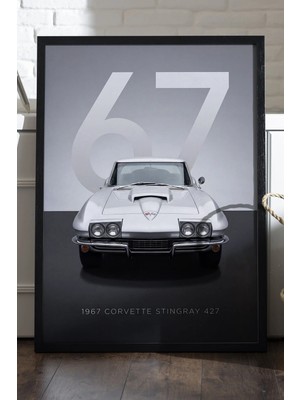 Duvarda Corvette Stingray 427 Siyah Ahşap Çerçeveli Poster, Dekoratif Araba Duvar Tablosu