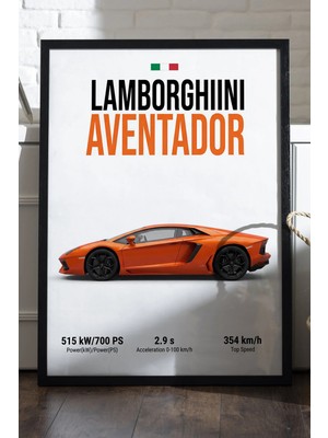 Duvarda Lamborghini Aventador Siyah Ahşap Çerçeveli Poster, Dekoratif Araba Duvar Tablosu